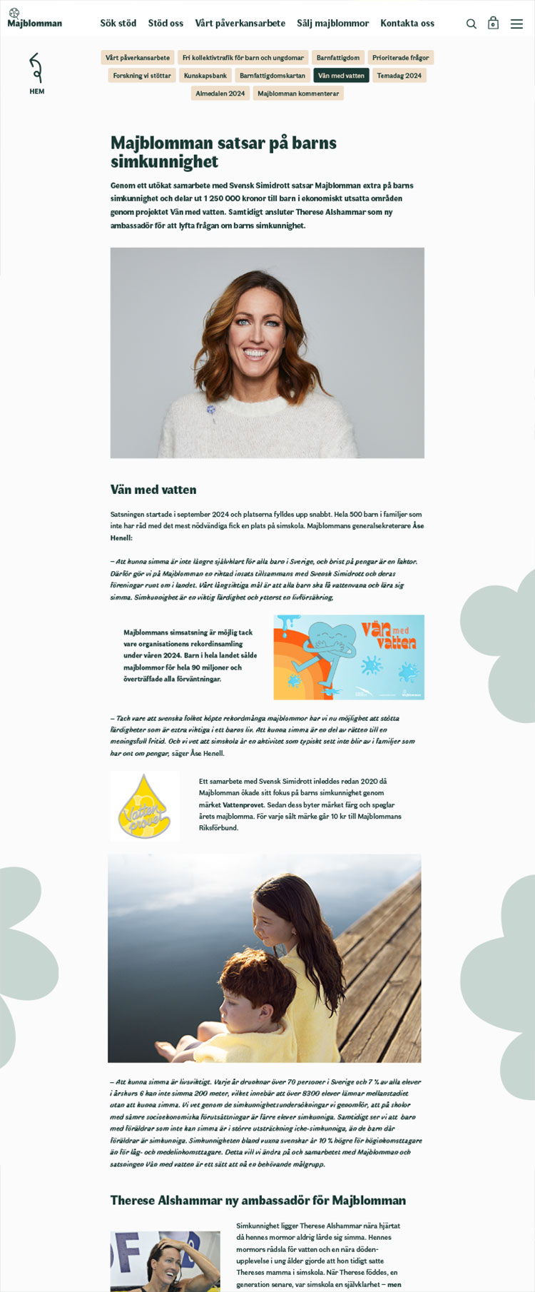 Screenshot of a content page of Majblommans website